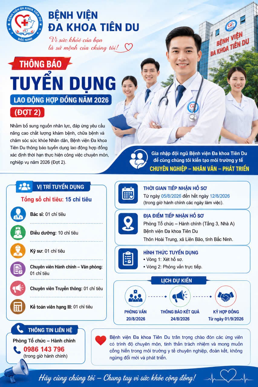 BỆNH VIỆN ĐA KHOA TIÊN DU THÔNG BÁO TUYỂN DỤNG LAO ĐỘNG HỢP ĐỒNG NĂM 2026 (ĐỢT 2)